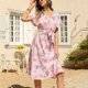 thumbnail image 4 of Gibobby Vestido de gasa de verano para mujer Mujeres Casual Fashion vestido Floral imprimió Bohemia V cuello elegante Sexy vestido A Line manga corta Casual Mid(Rosa,XL), 4 of 5