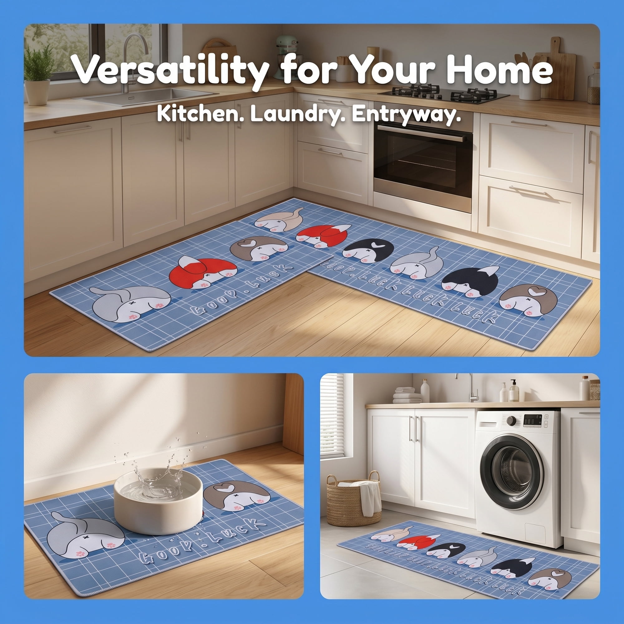 Unique Bargains Non Slip Dog Butt Floral Printed Kitchen Rugs and Mat Gray 24"x16"+47"x16"