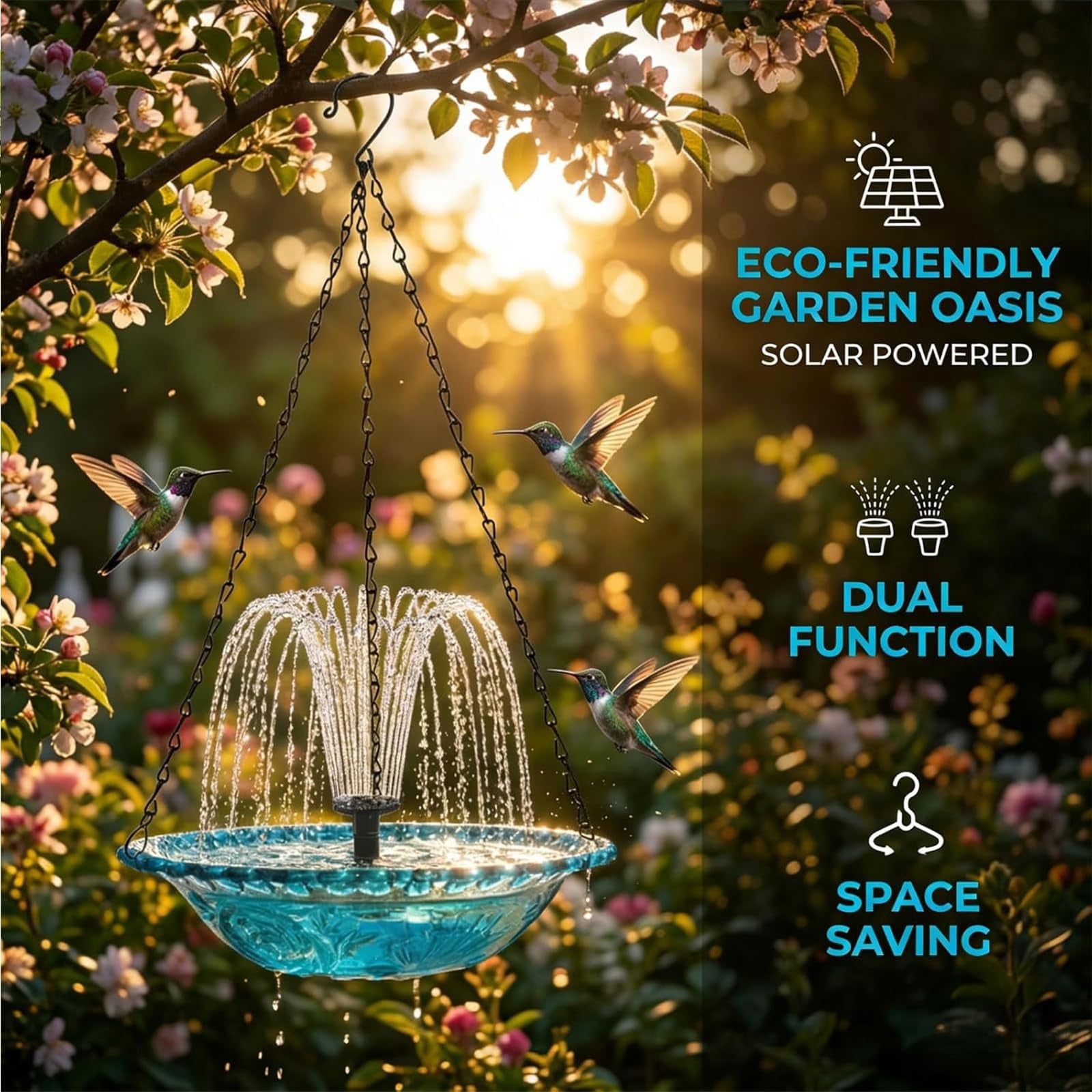 Solar Hanging Bird Bath Fountain, 3-Layer Metal Outdoor Bird Bath with Solar Pump, Water Feature for Backyard Garden Patio, Attracts Hummingbirds & Wild Bird