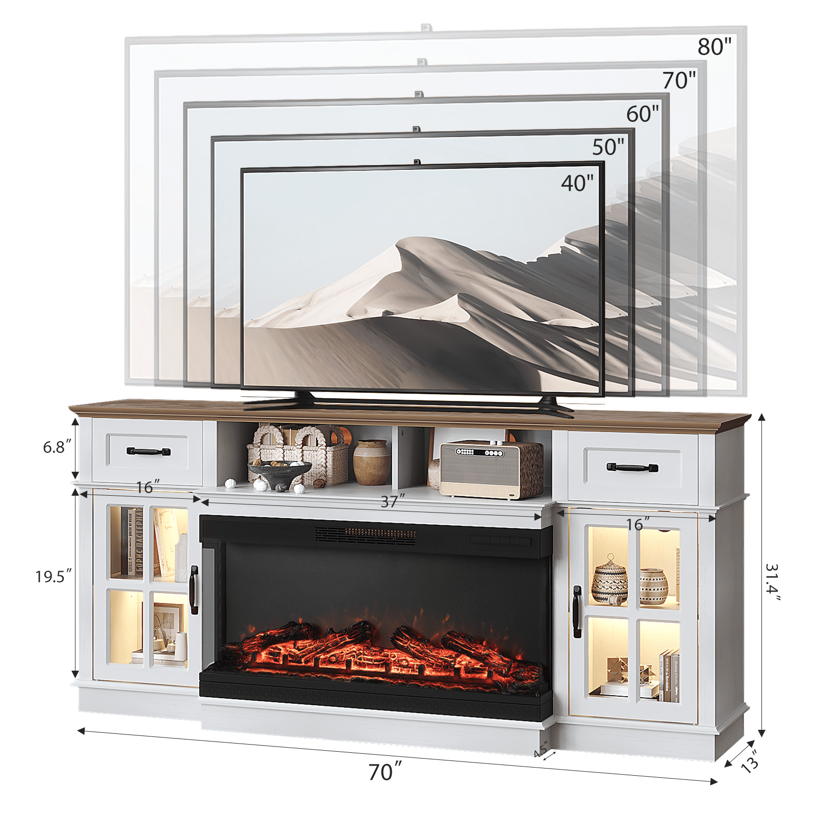 Ktaxon Modern 70" TV Stand with Fireplace, Entertainment Center with 36in Heater for 55/60/65/70" TVs with 2 Doors, Drawers & Shelves, Washed White