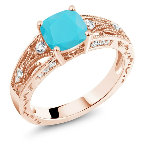 Gem Stone King 18K Rose Gold Plated Silver Green Turquoise Women Ring (1.06 Cttw, Cushion 6MM,, Size 5)