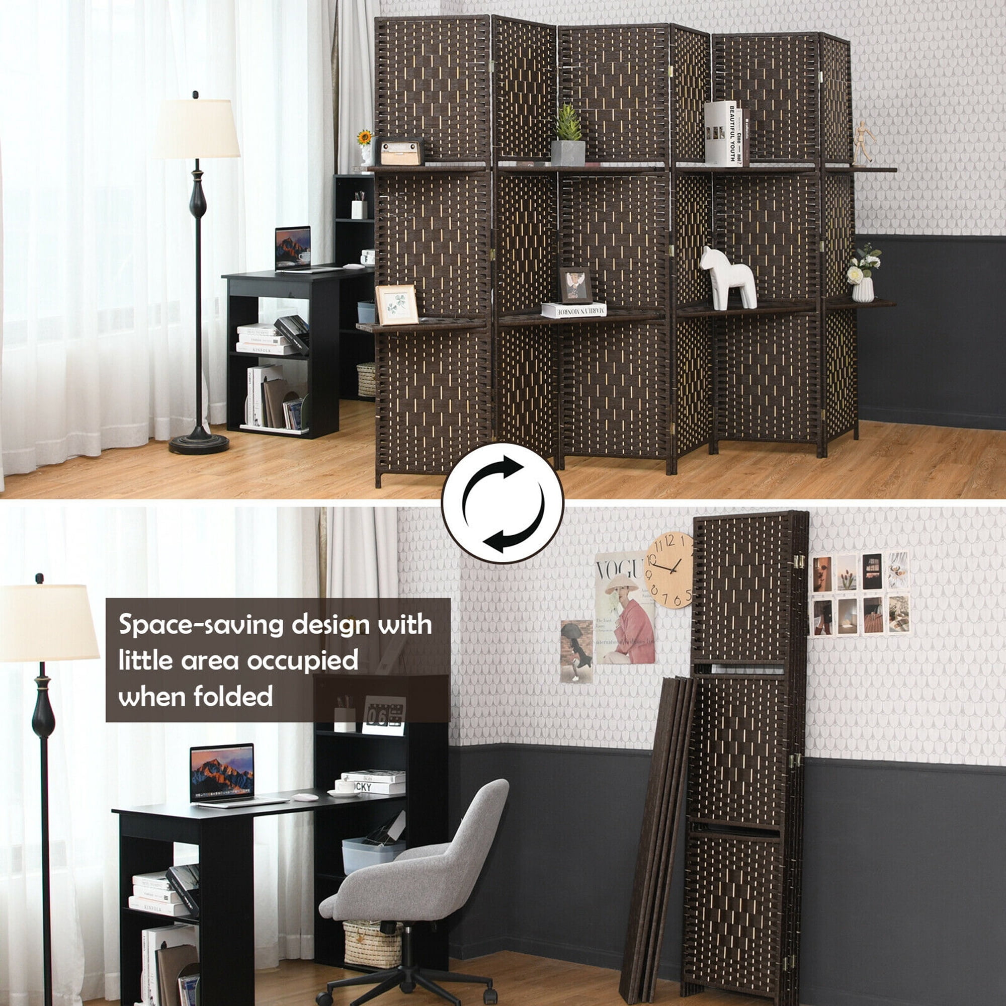 Gymax Brown 6 Panel Folding Room Divider 6Ft Weave Fiber Screen W/ 2 Display Shelves
