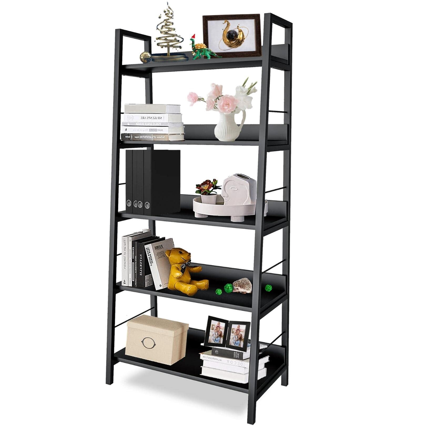 Legooin 5-Tier Modern Ladder Bookcase with Wood Shelves Metal Frame, for Office Home Kitchen Pantry Living Room, Black