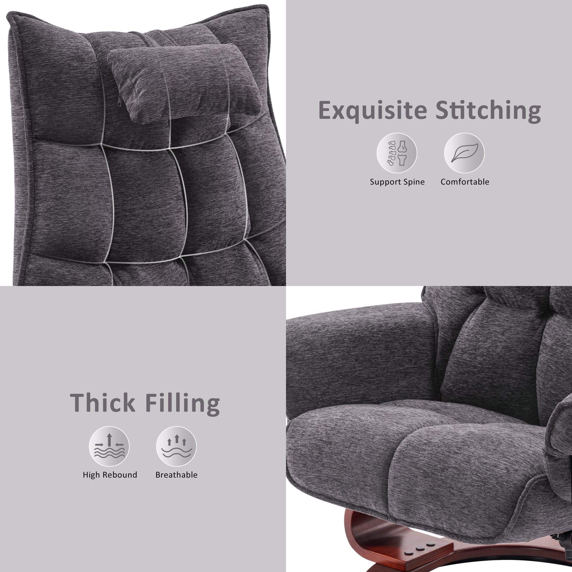 Mcombo Swivel Recliner with Ottoman, Massage TV Chairs with Neck Pillow and Side Pocket for Living Reading Room, Chenille Fabric 4188
