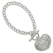 Beautiful Sterling Silver Puffed Filigree Heart Toggle Bracelet