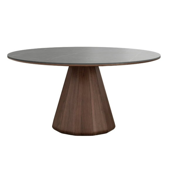 Casabianca Home Eric 53 In Round Dining Table With Walnut Base And Gray Marbled Ceramic Top