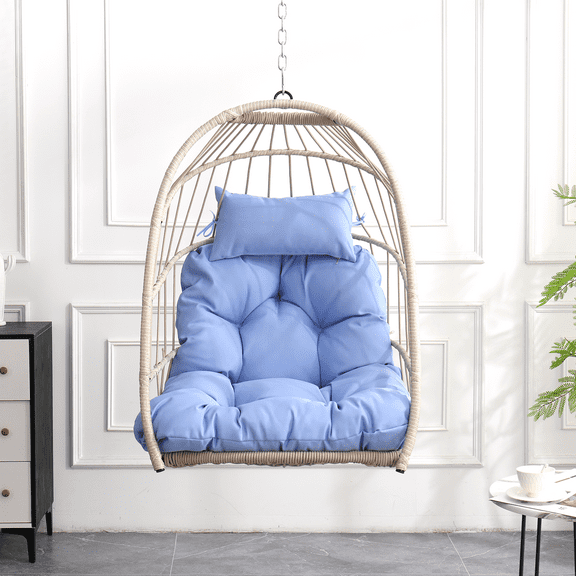 Blue HDPE Outdoor Garden Rattan Egg Swing Chair Weather-Resistant & Foldable