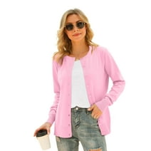 MLANM Women's Long Sleeve Button Down Crew Neck Classic Sweater Knit Cardigan, S Pink