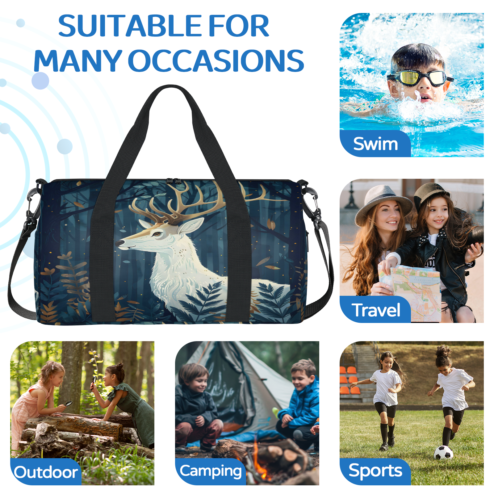 Herdesigns Forest Deer Gym Bag for Women, Duffle Bag for Travel Sport, Lightweight Waterproof Carry on Weekender Overnight Dance Yoga Workout Bags
