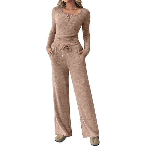 Women'S 2 Piece Matching Lounge Sets Fall Fashion Outfits Henley Neck Sweater Top Wide Leg Pants Sweat Suits Khaki S