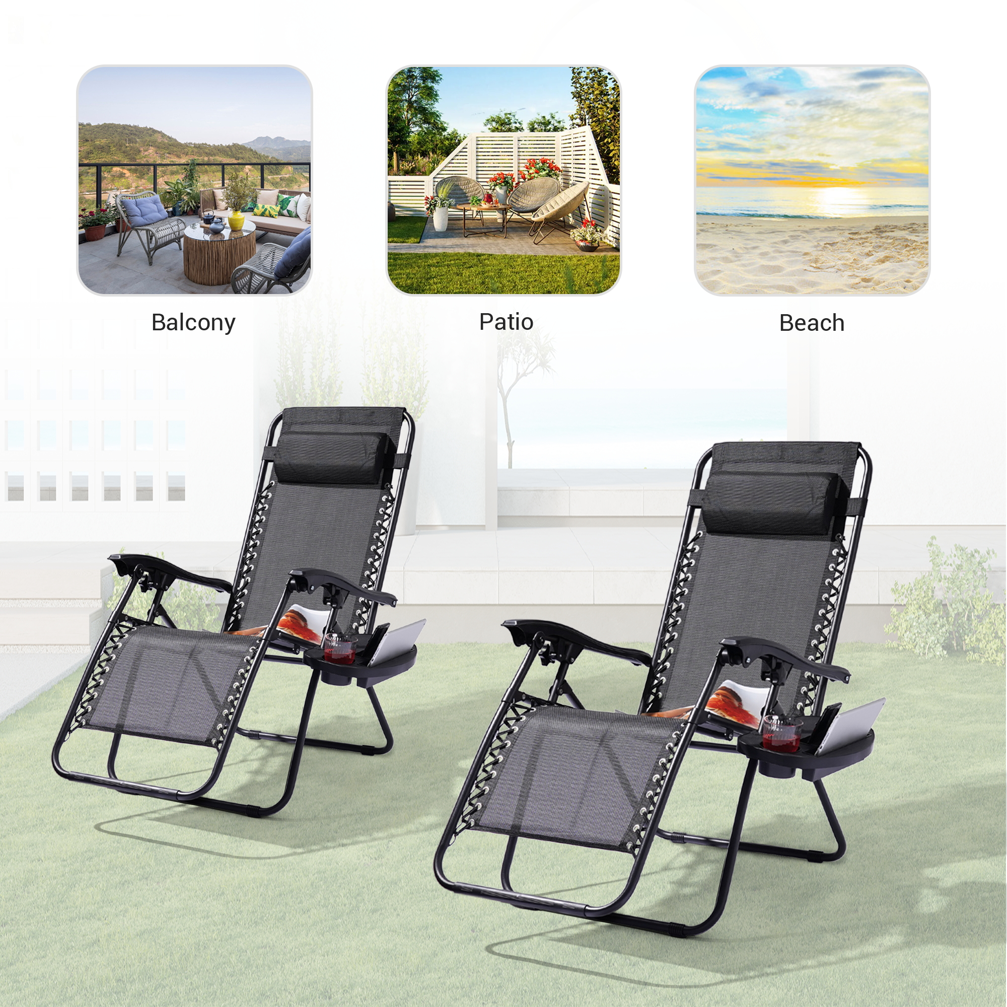Sonerlic 2 Pcs Outdoor Patio Adjustable Zero Gravity Chair with a Side Tray for Patio,Deck,Poolside and Garden, Black - image 2 of 7