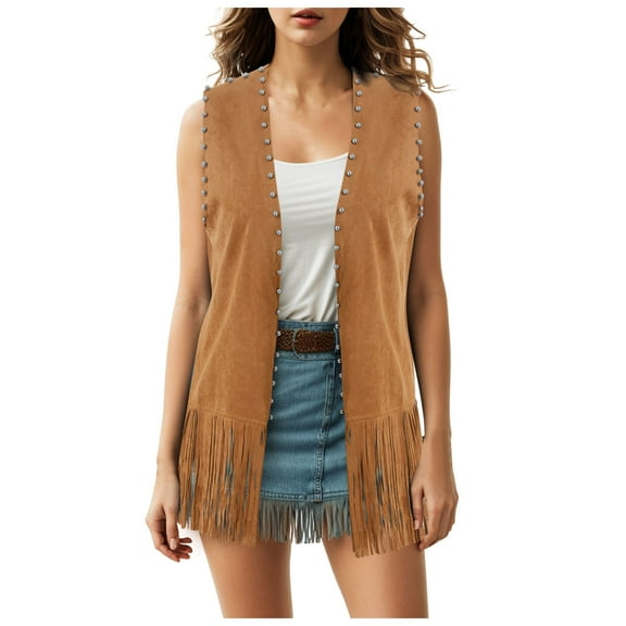 GEWSEY Women's Plus Size Fringe Vest Suede Rivets Sleeveless Tassel Jacket Western Cowgirl Outfits (Brown, M)