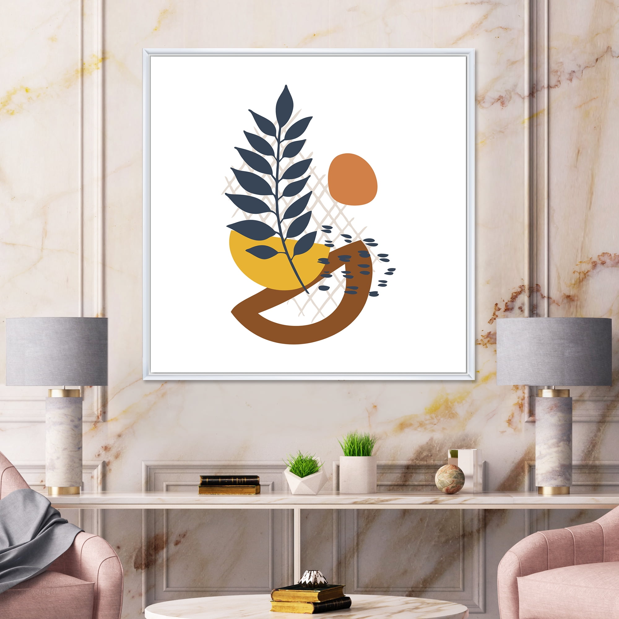 Designart 'Abstract Leaves With Elementary Shapes' Modern Framed Canvas Wall Art Print