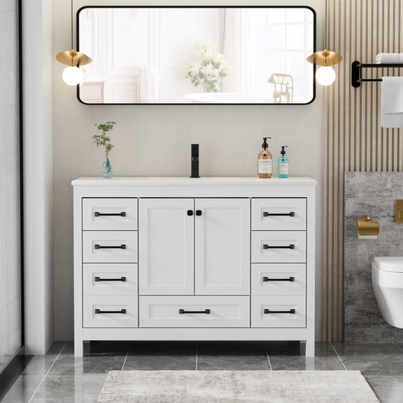 Eclife 48" Freestanding Bathroom Vanity with Integrated Sink Top, Multi-Compartment Storage, Zinc Alloy Faucet