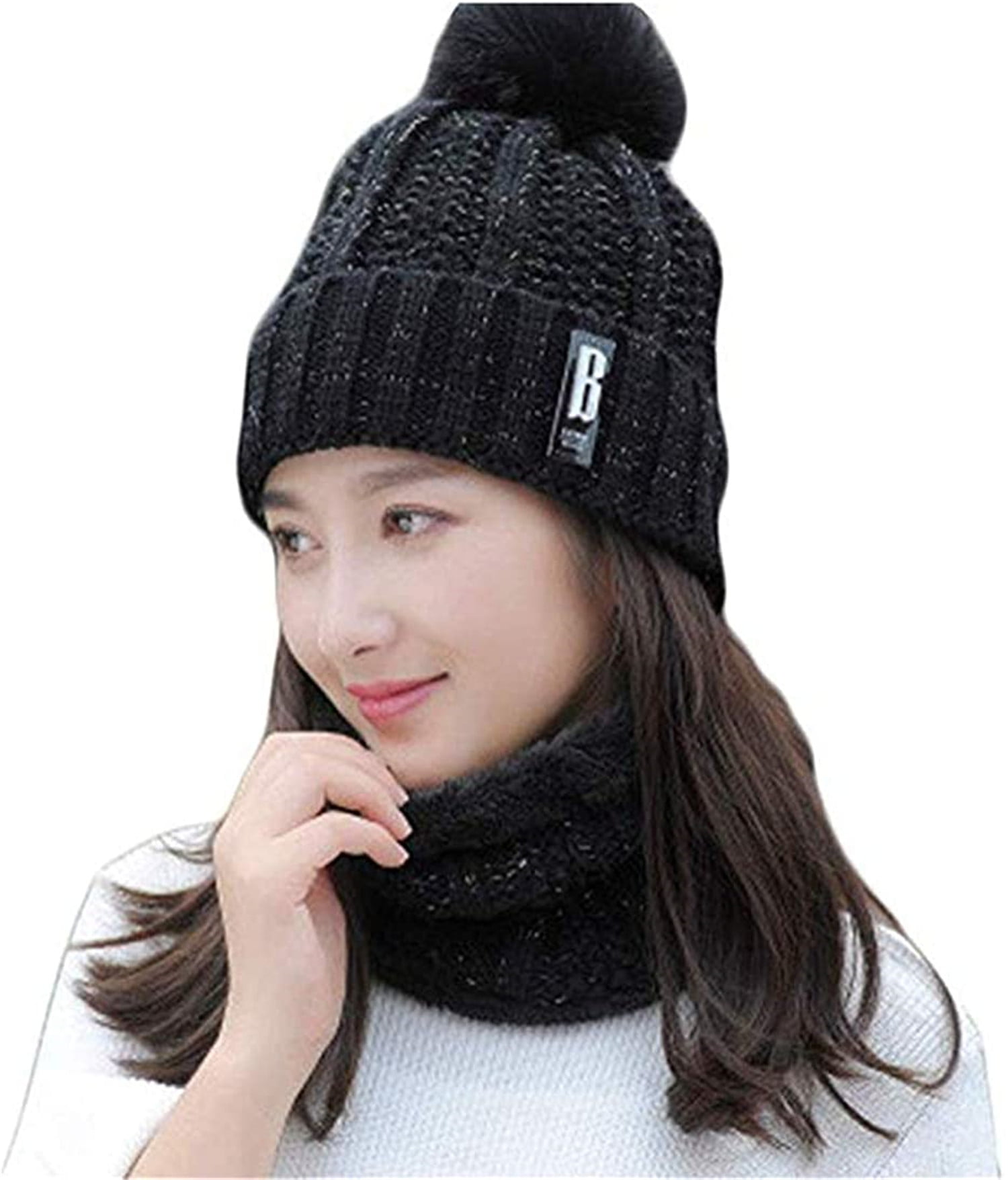 Fashion Scarf Hat Set For Women Winter Warm Solid Pompoms Knitted Caps Scarves 