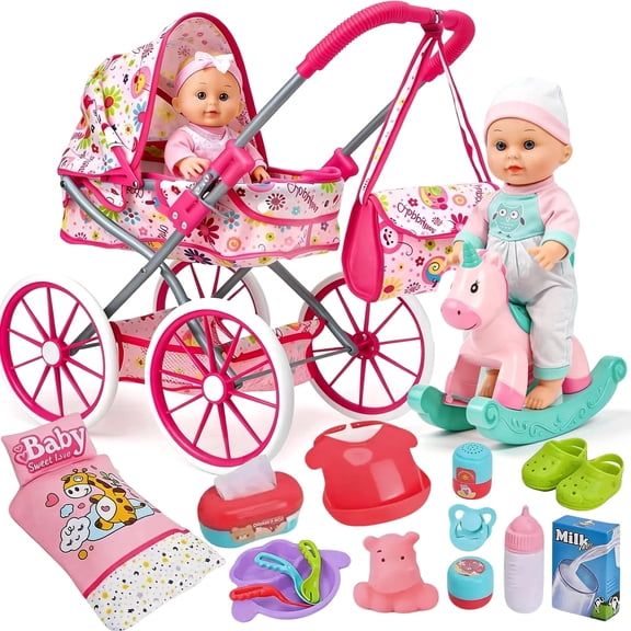 Aijohnny 12" Baby Doll Stroller Toys Set,Quilt Pillow,Rocking Horse,Accessories and 2 Outfits,Baby Doll Toys for Kids 3-7 Gifts
