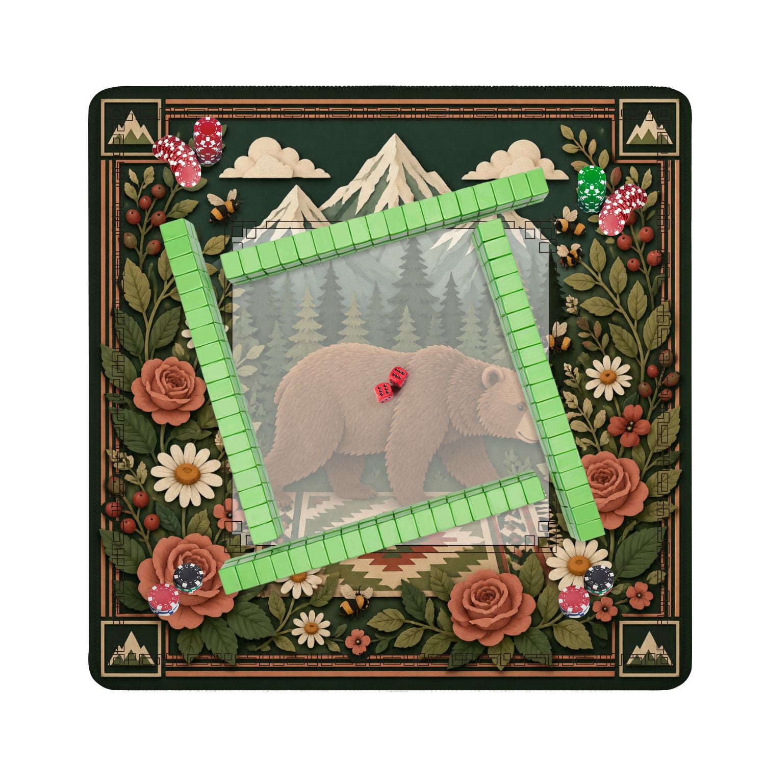 Mahjong Mat 31.5" x 31.5" Bear Forest Mountain Backdrop Floral Frame Non-Slip Noise Reduction American Mahjong Tiles Table Cover for Dominoes Poker Card Board Games Gift