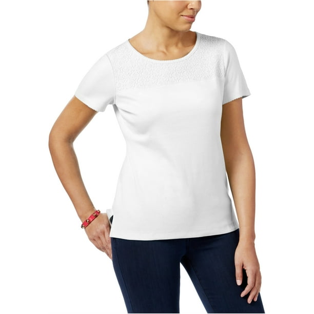 Karen Scott Camiseta basica con yugo de encaje para mujer color blanco pequena Karen Scott Camiseta basica Walmart en linea