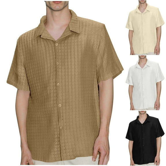 RYDCOT Men Short Sleeve Button Down Shirt Casual Breathable Holiday Chemise Loose Solid Turn-Down Collar Linen Textured T-Shirt for Summer Home and Trave White