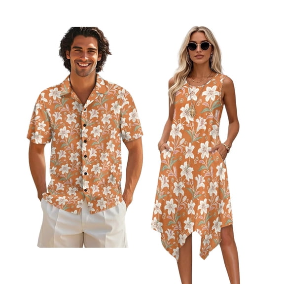 Xixirimido Lily Flower Orange Print Matching Couple Outfits Men’s Button-down Hawaiian Shirt Women Sleeveless Midi Dress with Pocket Couples Matched Summer Outfits for Beach Vacation, Size 2XL