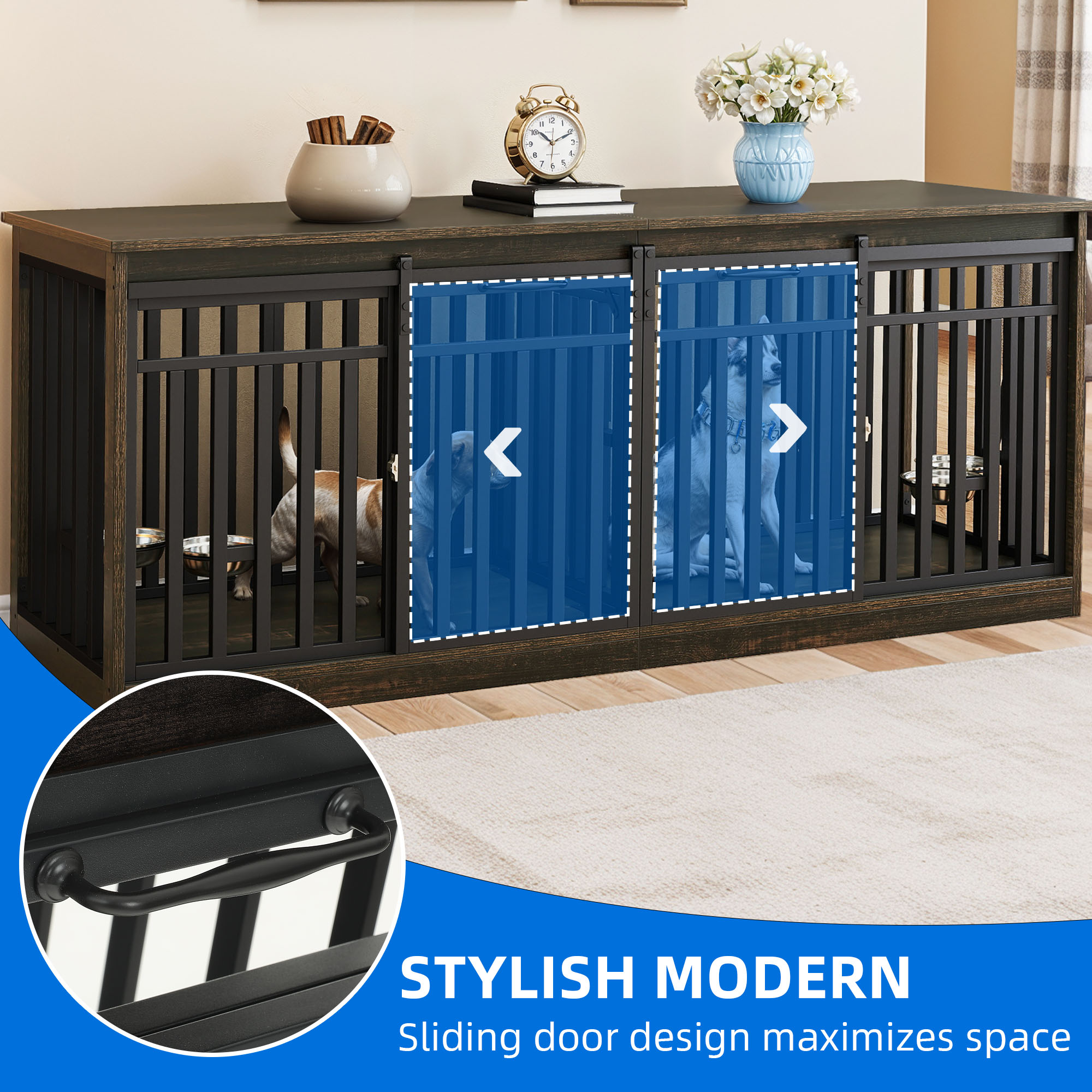 Dextrus 71" Dog Crate Furniture with 4 Dog Bowls for 2 Dogs, Heavy Duty Wooden Dog Kennel Crate TV Stand - Black Oak