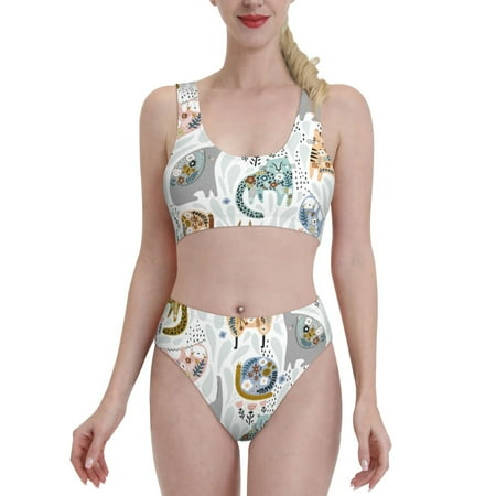 Bixox Cute Colorful Animal Pattern Two-Piece Sports Bikini with U-Shaped Top and High-Waist Bottom - Women s Swimwear with Removable Bra Pads