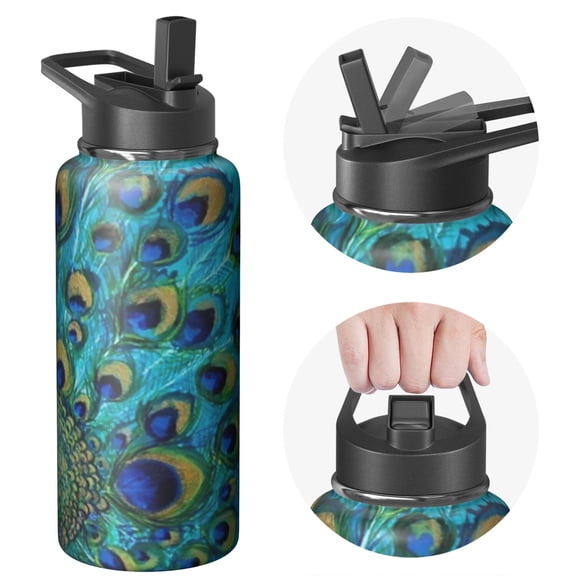 Triple Insulated Stainless Steel 32oz Peacock Themed Bottle, Flip Top Lid Included, Reusable Insulated Flask Stays Cold 24 Hours, Eco Steel Bottle for Hiking Excursions