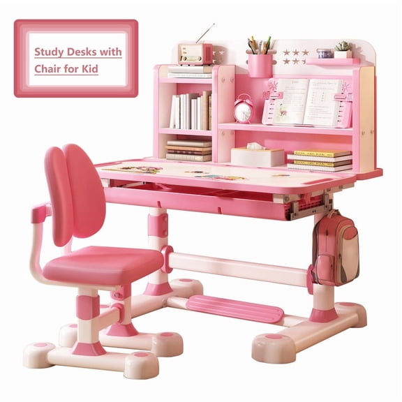 AurumEdge 2026 Upgraded Kids Desk and Chair Set, Tiltable&Height Adjustable Kids Desk with and Bookshelf, Ergonomic Study Table for Kid (Pink)