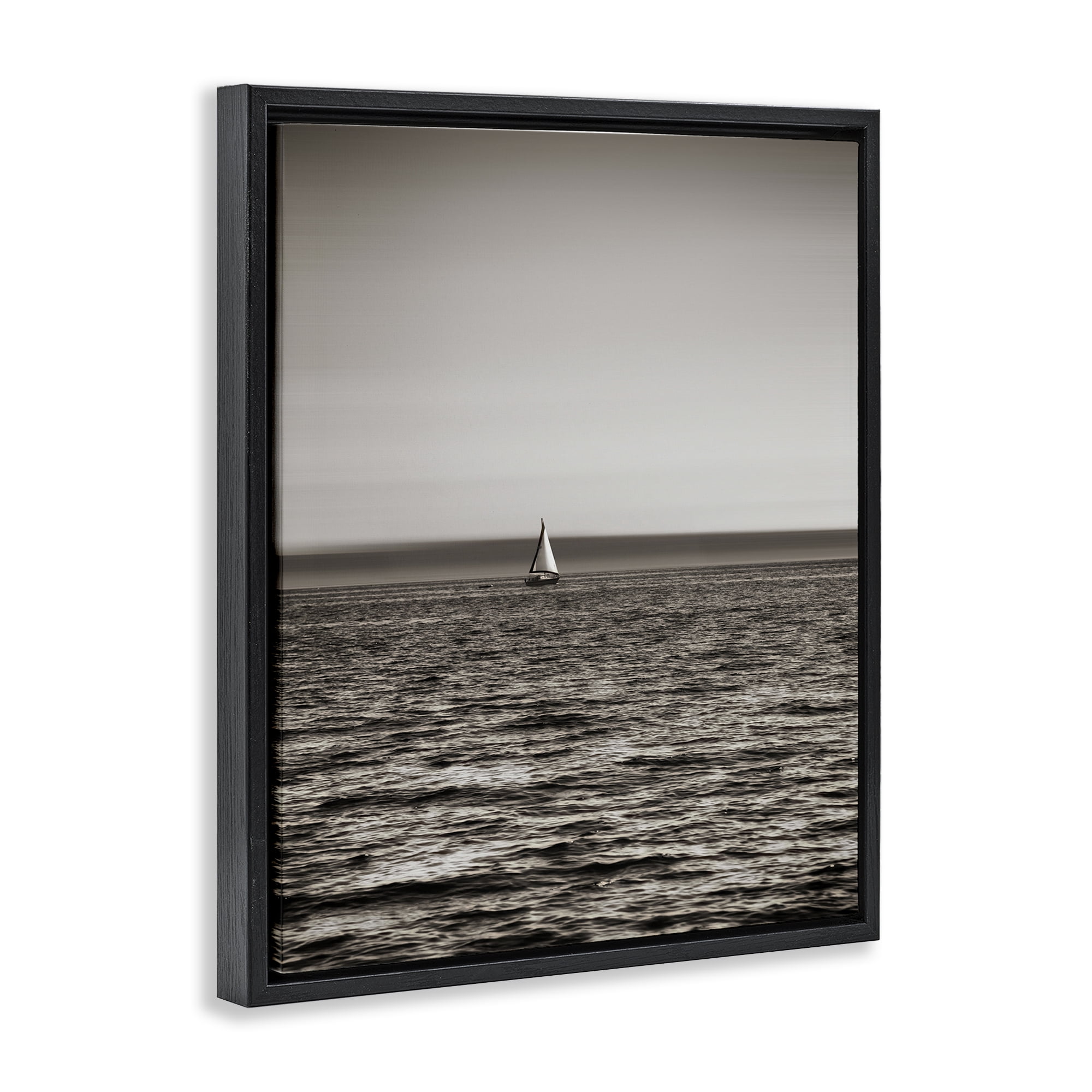 Stupell Industries Lone Distant Sailboat Coastal Photography Black Floater Framed Canvas Art Print Wall Art, 25 x 31