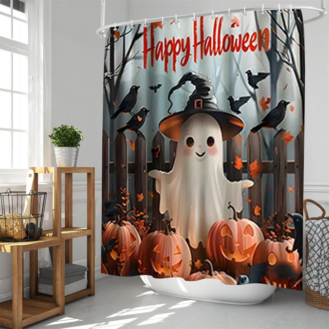 Halloween Shower Curtain Set Halloween Bathroom Curtain Set Shower Curtain Pumpkin Shower Curtain Set With Non Slip Rugs Toilet Lid Cover And Bath Mat