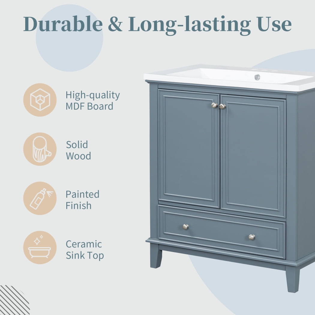 30" Bathroom Vanity with Single Sink Combo, Modern Undermount Bathroom Sink Cabinet, Wood Bathroom Dresser Storage Cabinet with Doors and Drawer, Blue