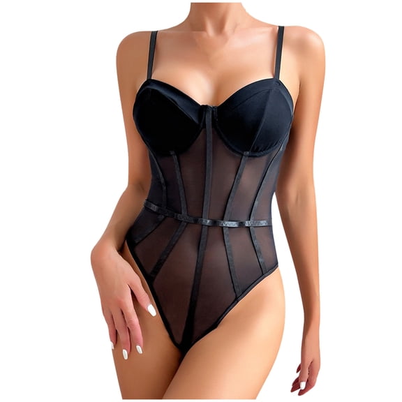 REALiKUN Women's Spaghetti Strap Sheer Mesh Bustier Corset Underwear Bodysuit Tops