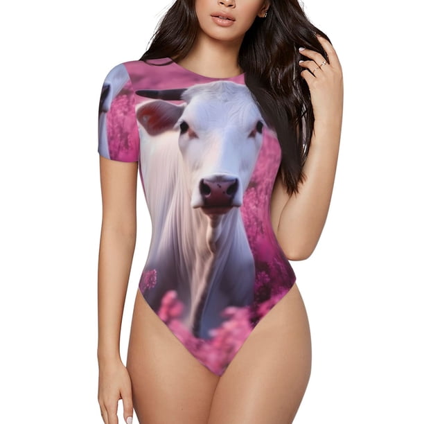 Fotbe Flower Field Cow Body de Mujer con Cuello Redondo y Mangas Cortas, Sin Mangas Ajustado, Suave, Cómodo y Básico-XX-Large