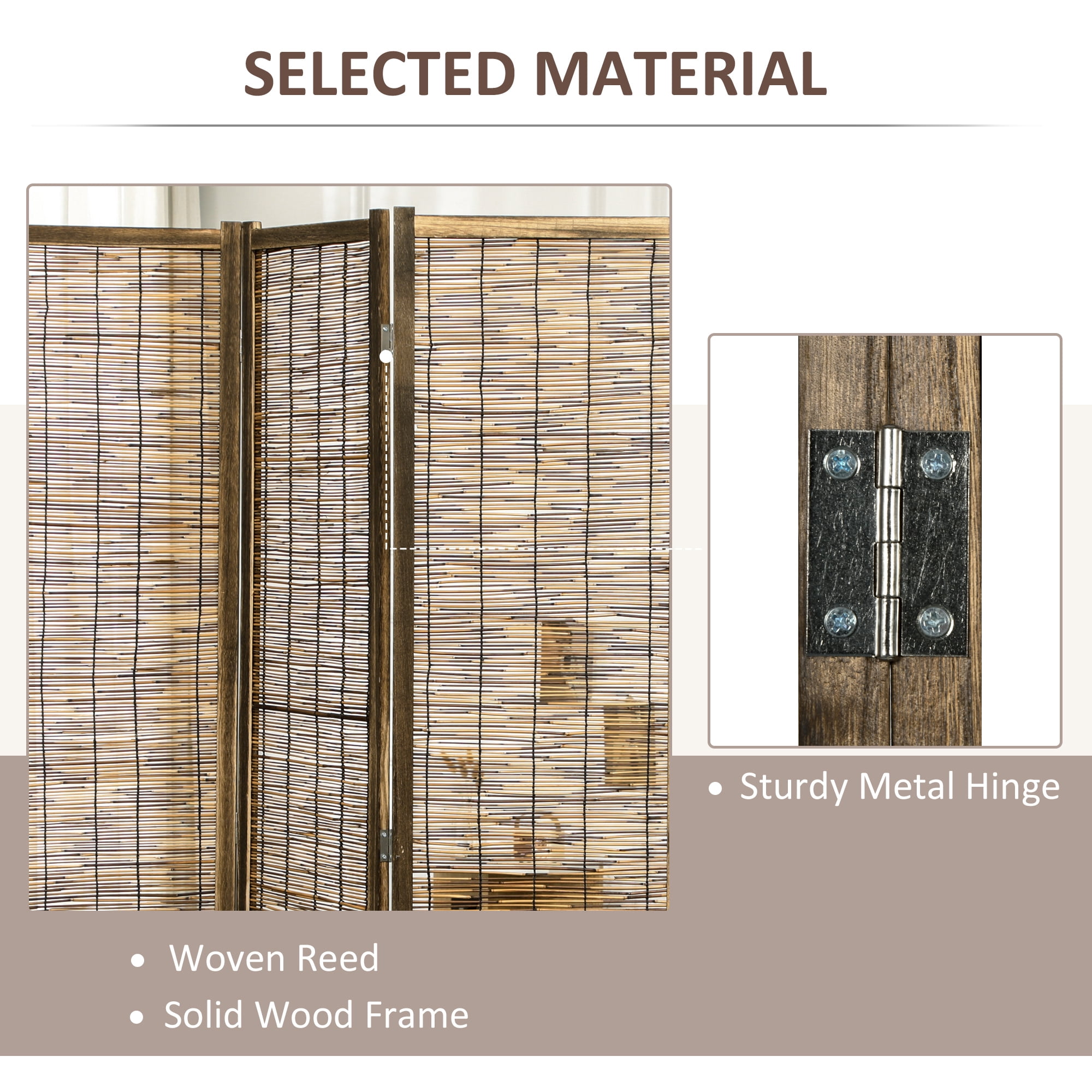 Homcom 4 Panel Room Divider,5.5 Ft Portable Folding Privacy Screens,Reed Hand-Woven Freestanding Partition Wall Dividers for Home Office,Carbonized,Brown Bamboo Household Supplies Décor Privacy