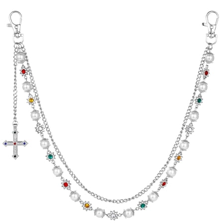 Jean Chains for Women Men, Layered Rhinestone Flower Cross Wallet Chains, Hip Hop Fashion Punk Jewelry Accessory with Pearl Daisy, 18.3 in / 19.6 in