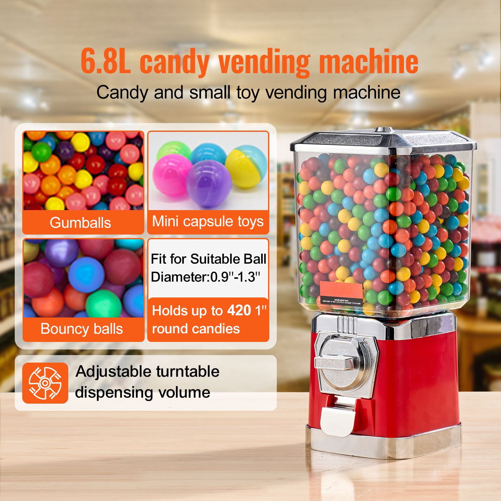 6.8L Candy Vending Machine with 25-Cent Coin Operation, Adjustable Candy Wheel, PC Jar, Metallic ABS Body for Gumballs Bouncy Balls