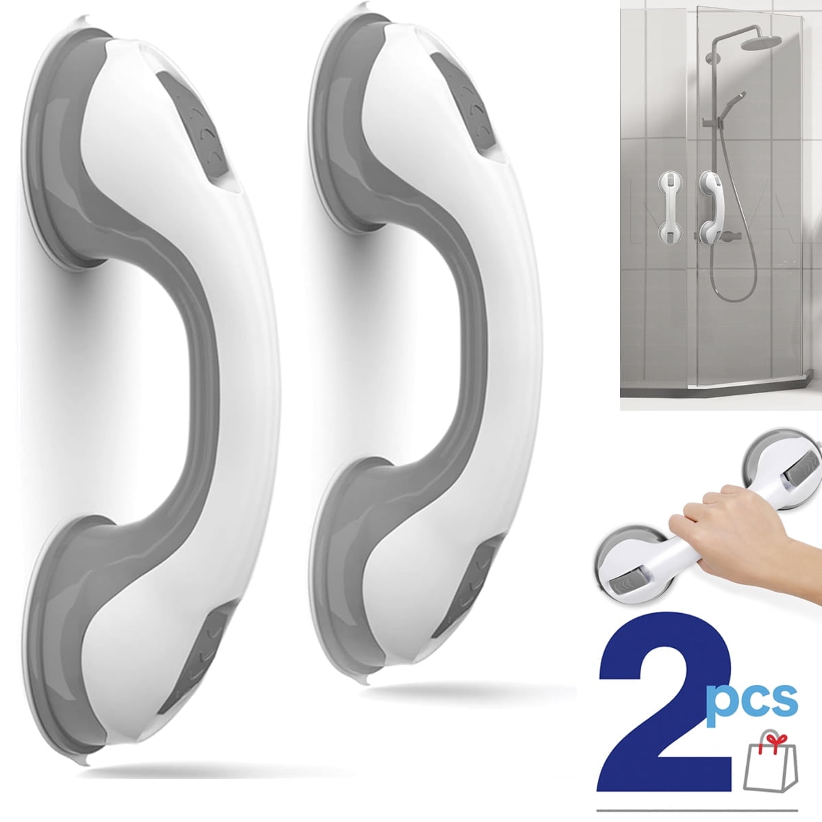 Asunby Grab Bars for Bathtubs and Showers, 2 Pack Shower Handle 12 Inch Strong Suction Shower Bar, Safety Bars for Shower Chair, Bathroom Grab Bar for Senior (Gray White)