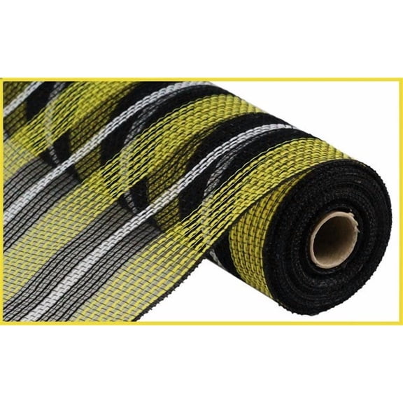 Faux Jute & Deco Mesh Stripe, 10.5 Inch x 10 Yards (Yellow, Black, White)