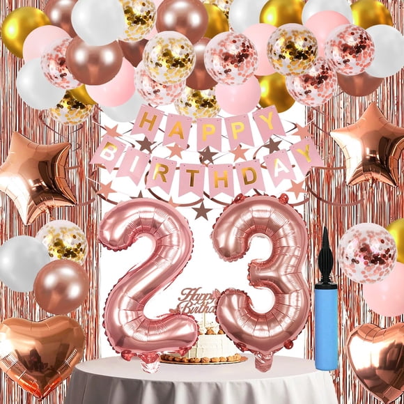 Sweet 23rd Birthday Decorations For Women, Age 1-99 Happy Birthday Banners Party Decor Balloon Foil Fringe Curtains Heart Star Confetti Balloons, Rose Gold Party Supplies for Girls Women Her