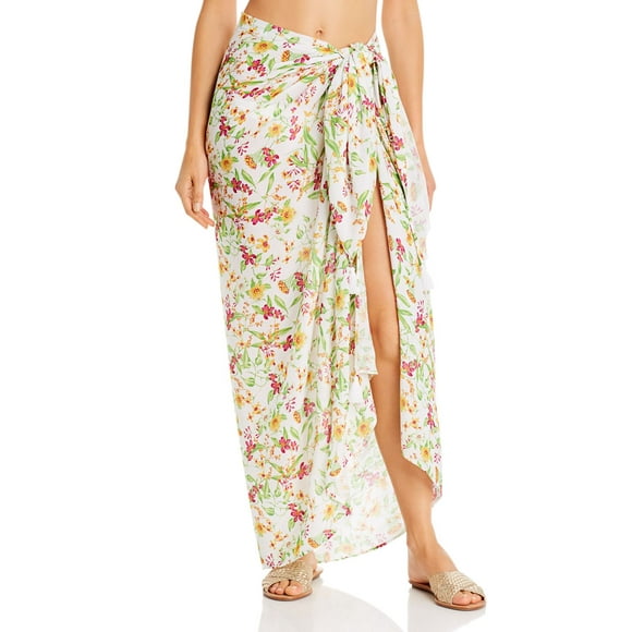 Aqua Womens Floral Tassel Sarong Swim Cover-Up, White
