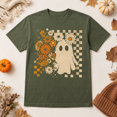 thumbnail image 2 of Floral Ghost Halloween T-Shirt, Retro Daisy Checker Graphic Tee, Comfort Colors Spooky Season Fall Apparel Gift for Women - Moss, 3XL, 2 of 5