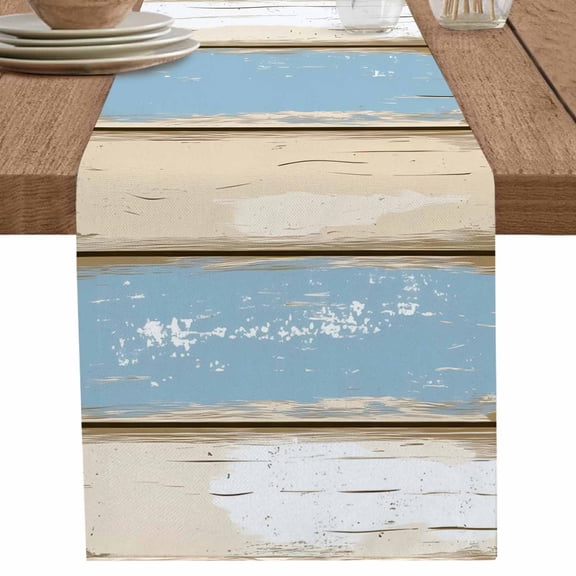 nqOlkjepod Geometric Blue Beige Table Runner 48 Inches Long Farmhouse Dress Scarves, Farmhosue Vintage Shabby Wood Grain Dining Tablerunner for Coffee Table/Kitchen Island/Party Décor, 13" x 48"