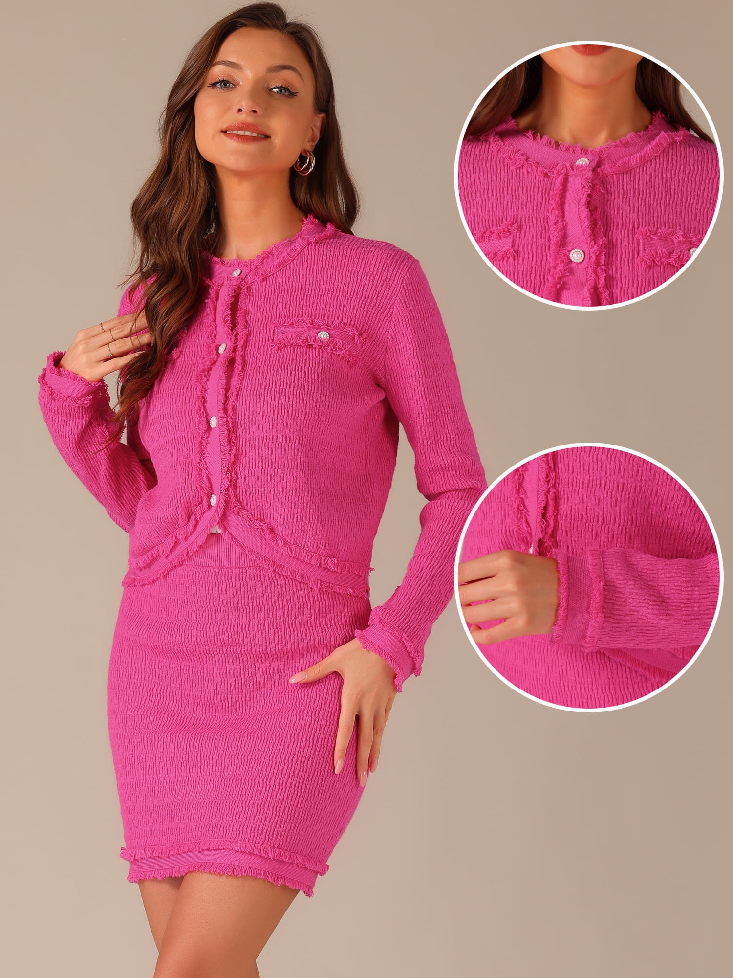 DARING DIVA Women's 2 Pcs Business Casual Sweater Jacket and Skirt Set L Hot Pink