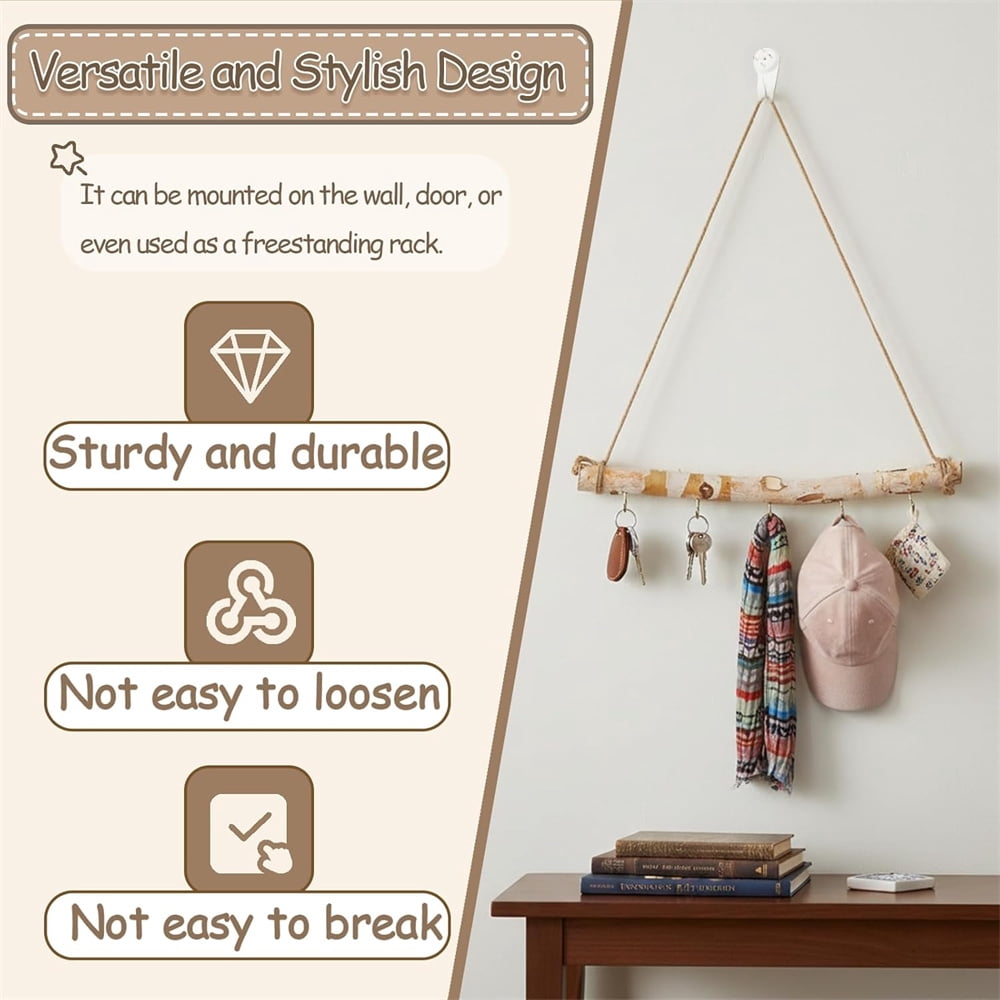 HXRH 2Pcs Driftwood Wall Hanging Jewelry Hanger 16Inch Rustic Solid Wood Wall-Mounted Organizer with 5 Hook for Keys Hats Entryway