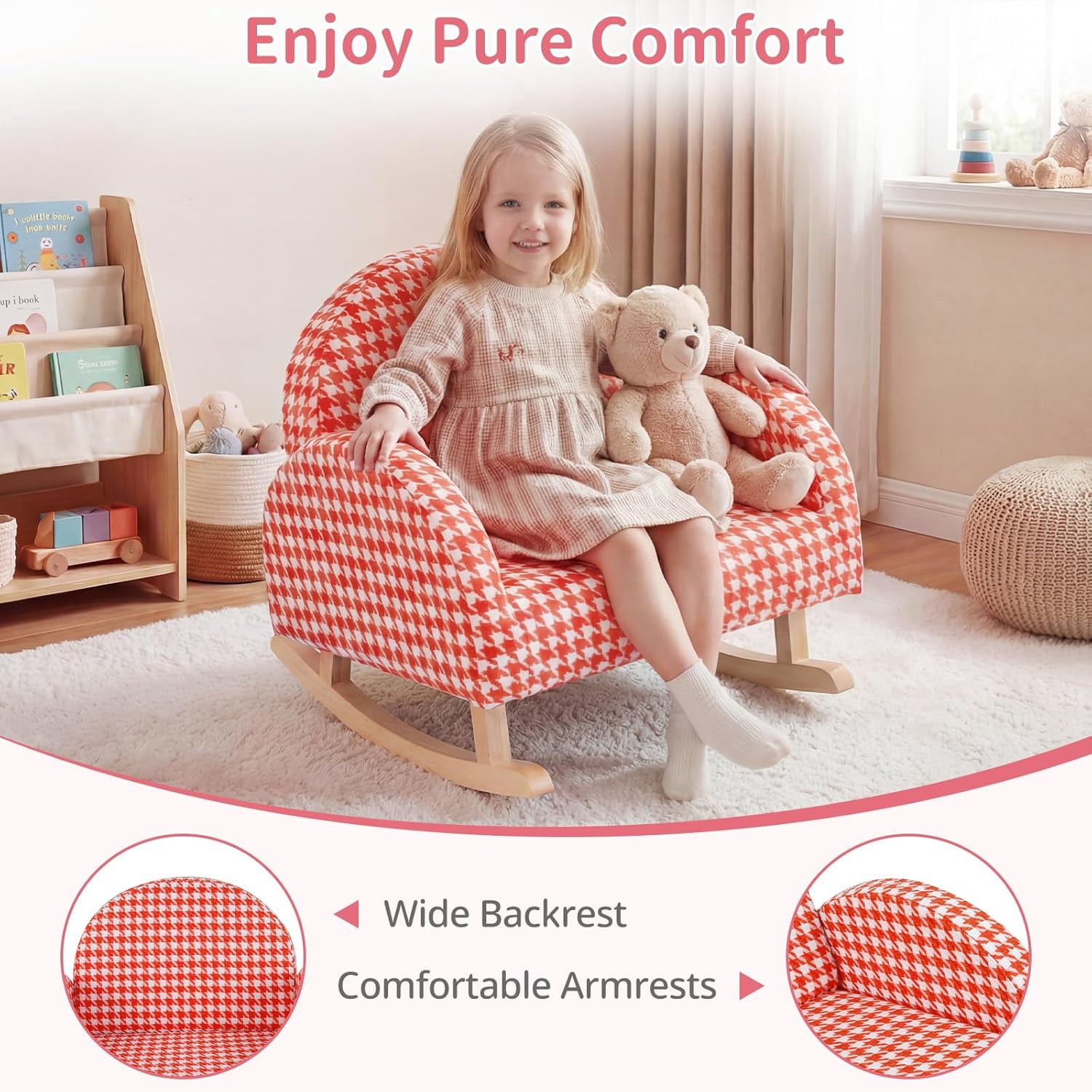 INFANS Kids Sofa, Toddler Rocking Chair with Solid Wooden Frame, Anti-Tipping Design, Plush Fabric, Children Armchair for Nursery Kindergarten Gift for Boys Girls