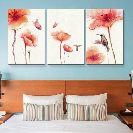 wall26-3 Panel Canvas Wall Art - Watercolor Painting Style Birds Butterflies and Red Flowers - Giclee Print Gallery Wrap Modern Home Decor Ready to Hang - 24