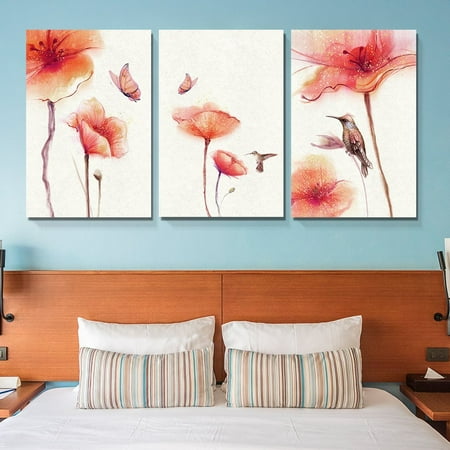 Wall Art Butterflies And Flowers wall26-3 Panel Canvas Wall Art - Watercolor Painting Style Birds Butterflies and Red Flowers - Giclee Print Gallery Wrap Modern Home Decor Ready to Hang - 24