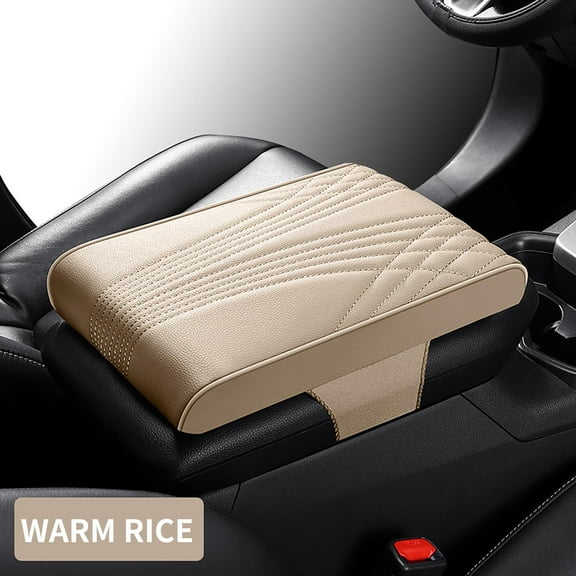 SNGMN Car Center Console Cover, Leather Memory Foam Armrest Cushion with Storage Pocket, Waterproof Hand Rest Pillow with Height Increase, Universal Protective Pad for Most Cars Beige