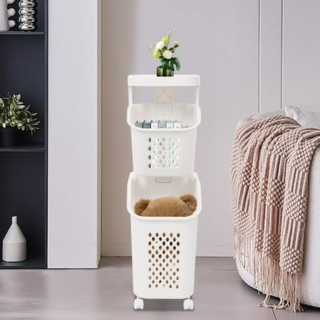Large Two-Tier Ventilated Rolling Laundry Hamper with Locking Wheels and Removable Inner Baskets - Durable Polypropylene Storage Cart for Organized Bathroom and Laundry Room - White Color