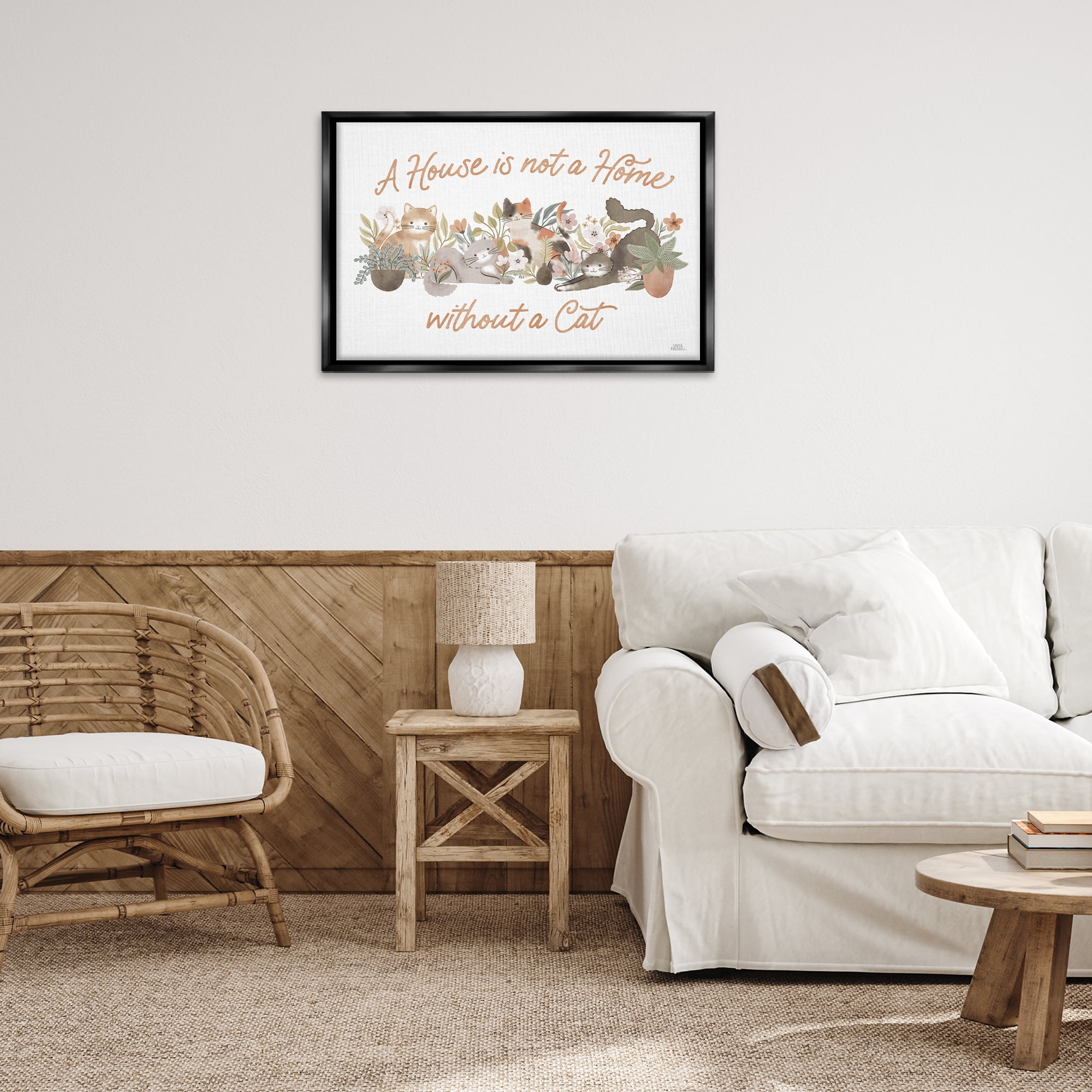 Stupell Industries Cozy Cats & Plants Phrase Animals & Insects Painting Black Floater Framed Canvas Art Print Wall Art, 31 x 21